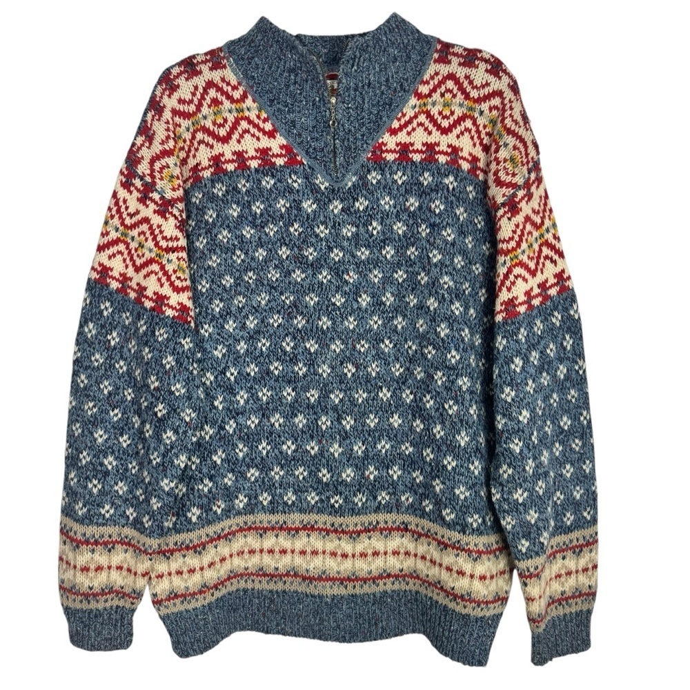 Marsh Landing Blue and Red Fair Isle Quarter Zip Large Wool Blend Sweater